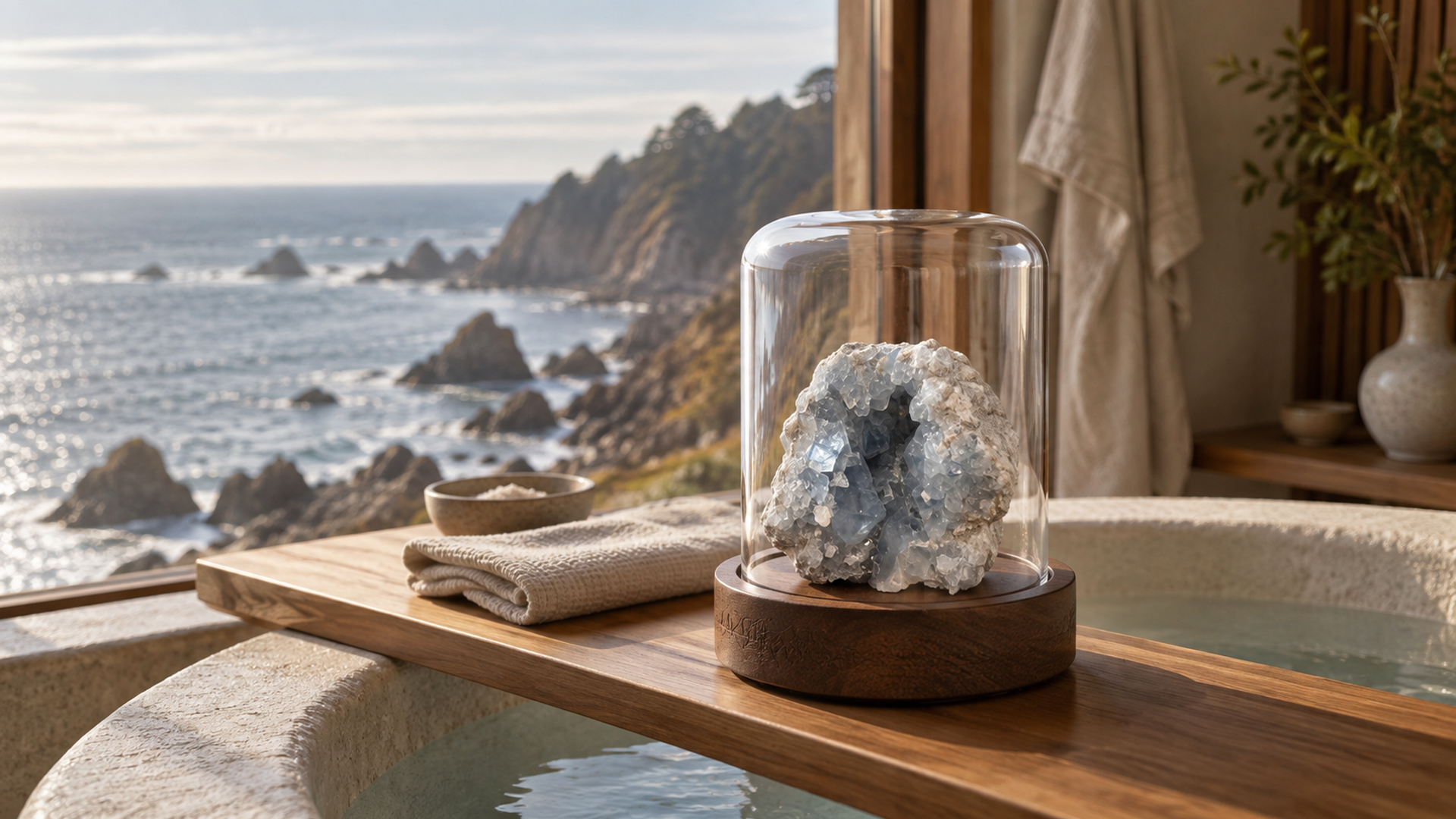 A pale blue celestite specimen inside a glass cloche on a walnut pedestal, resting on a wooden bath caddy beside a Japanese soaking tub with sunlit coastal cliffs and the ocean beyond