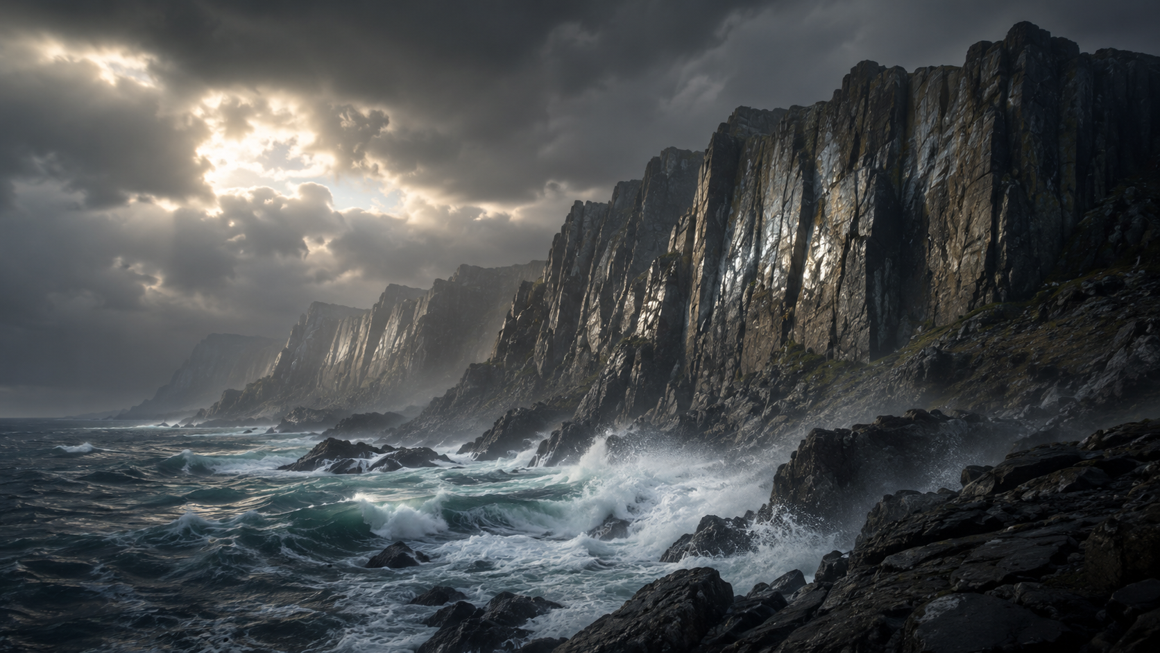 Storm-lit sea cliffs of ancient rock rising above breaking waves - the immense geologic forces that forge natural specimens over deep time